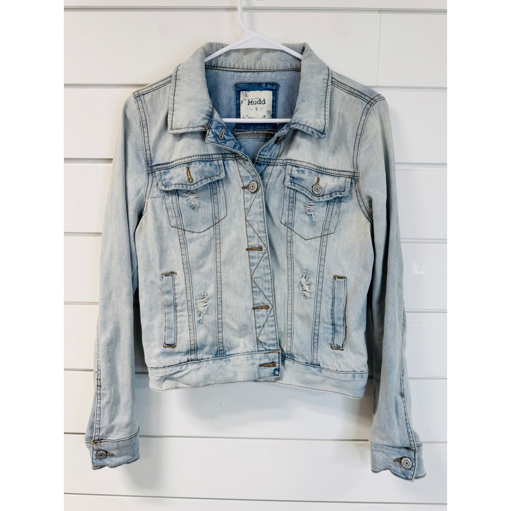 Mudd Womens Light Wash Distressed Denim Trucker Jacket Light Blue Size S